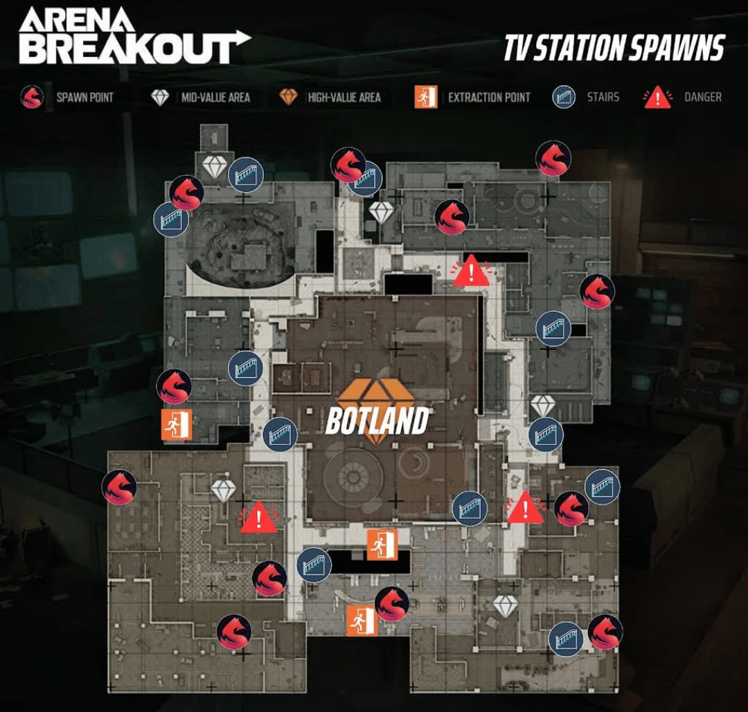 Обзор карты «Телестанция» в Arena Breakout с отмеченными ключевыми зонами элитных ящиков с боеприпасами