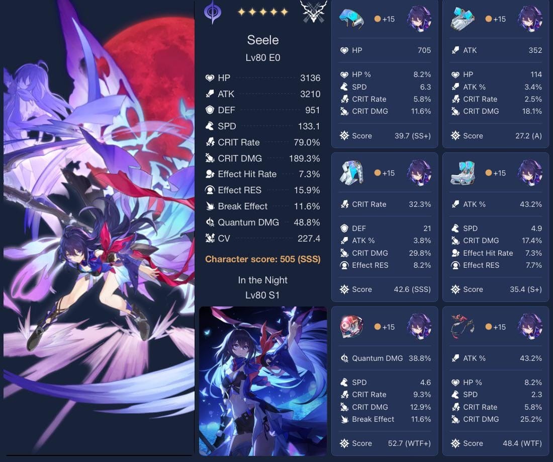 Comparación de puntuación de reliquias de Honkai Star Rail rango B vs rango A en un personaje DPS para Sombra apocalíptica