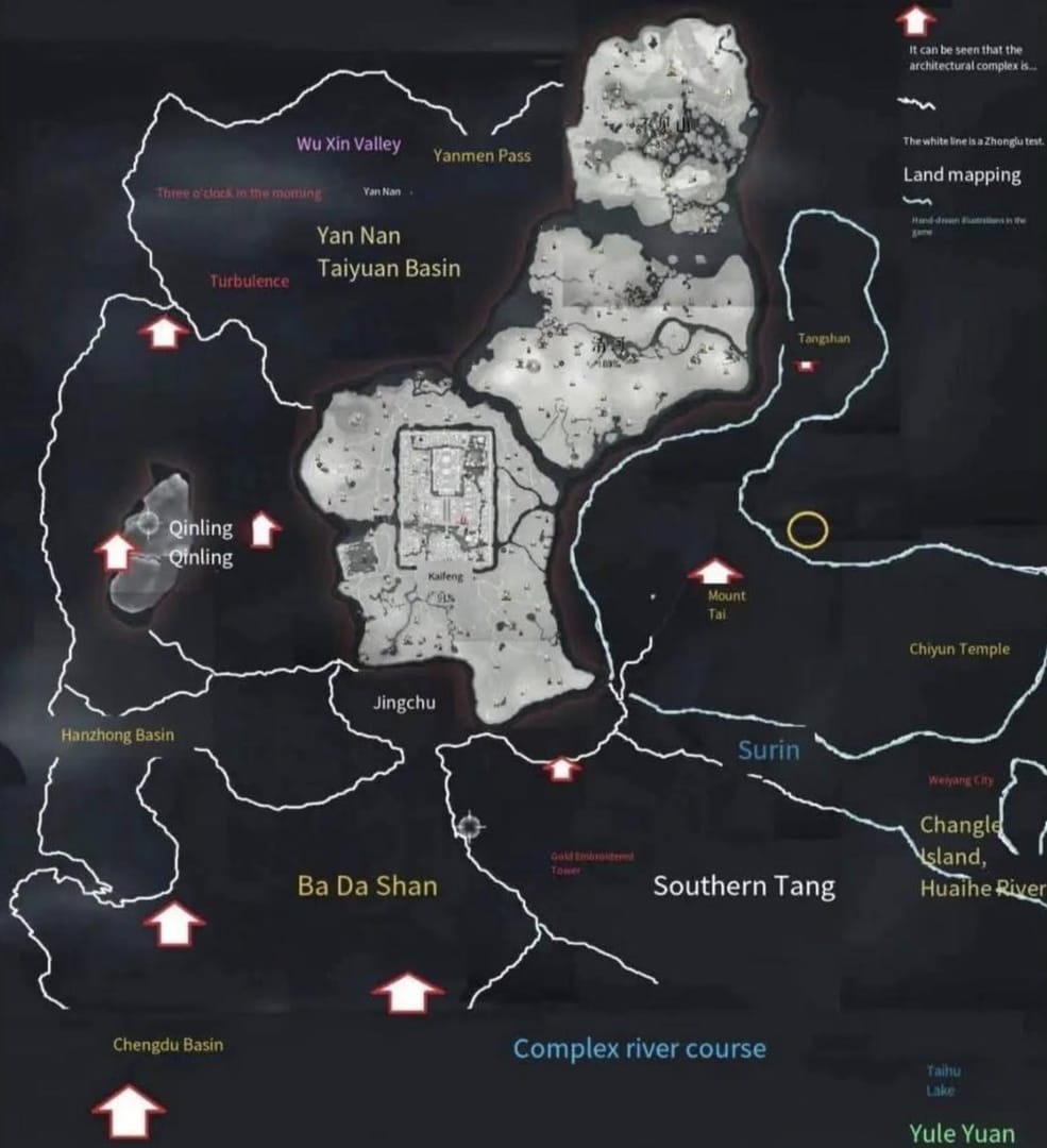 Mapa de Guerras de Territorio de 3 carriles de Where Winds Meet con objetivos