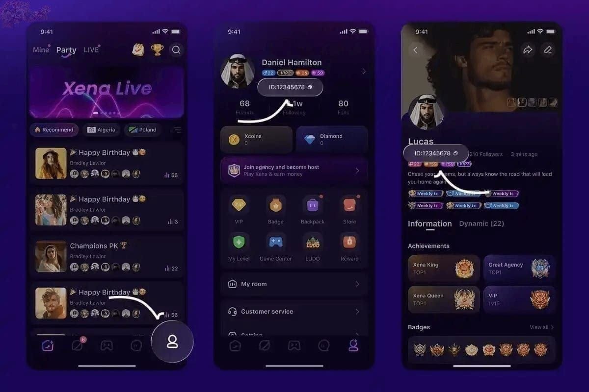 Xena Live VIP tier comparison chart showing requirements and perks from VIP 1 to VIP 10