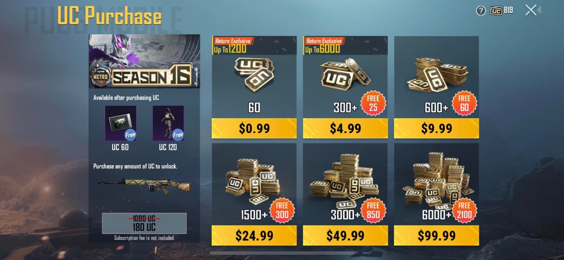 PUBG Mobile UC टॉप-अप इवेंट इंटरफ़ेस 35% बोनस पैक के साथ