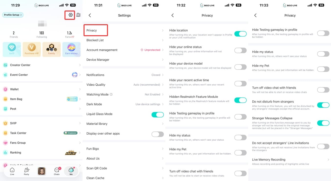 زر الدخول المجهول لـ Bigo Live SVIP في إعدادات الملف الشخصي