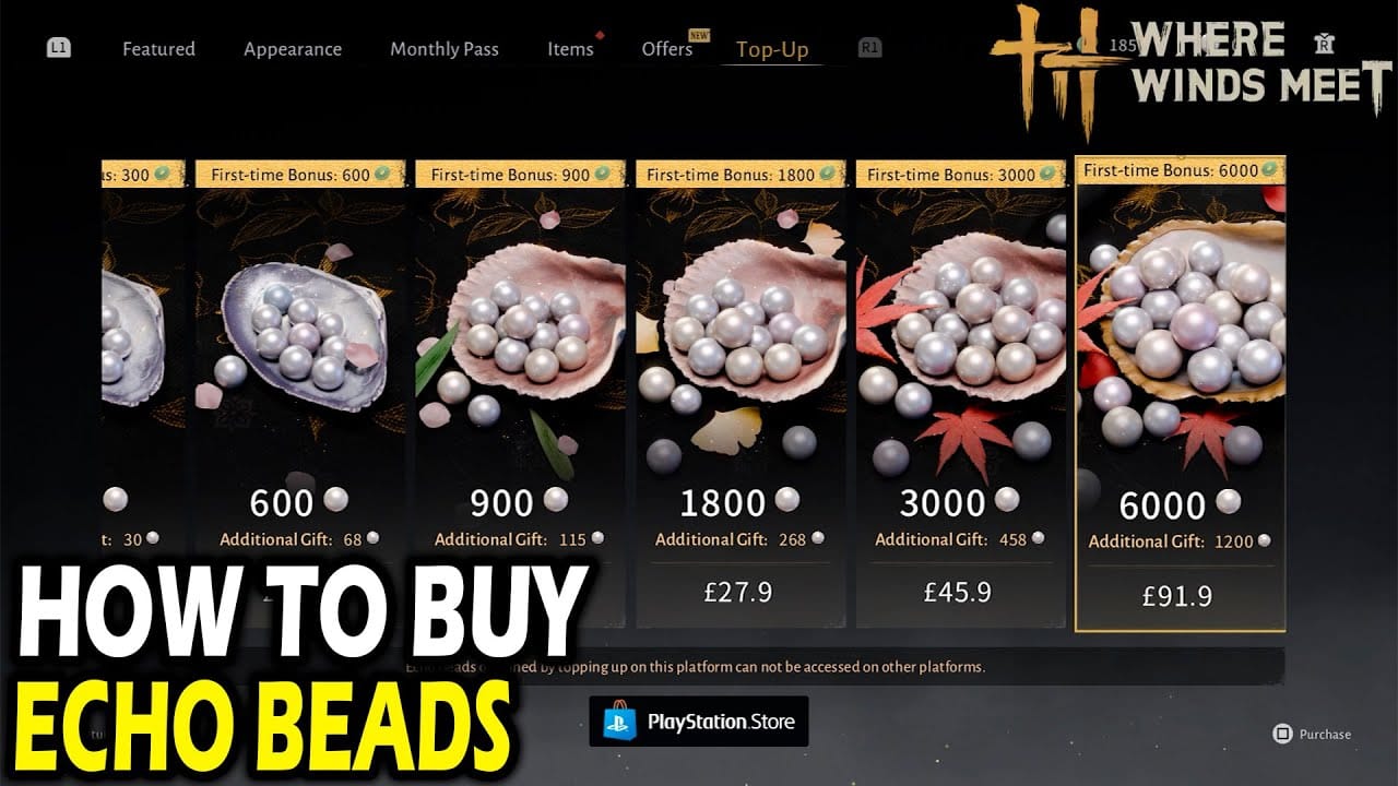 Interface de recharge en jeu de Where Winds Meet affichant les packs de Perles d'Écho et les bonus de première fois