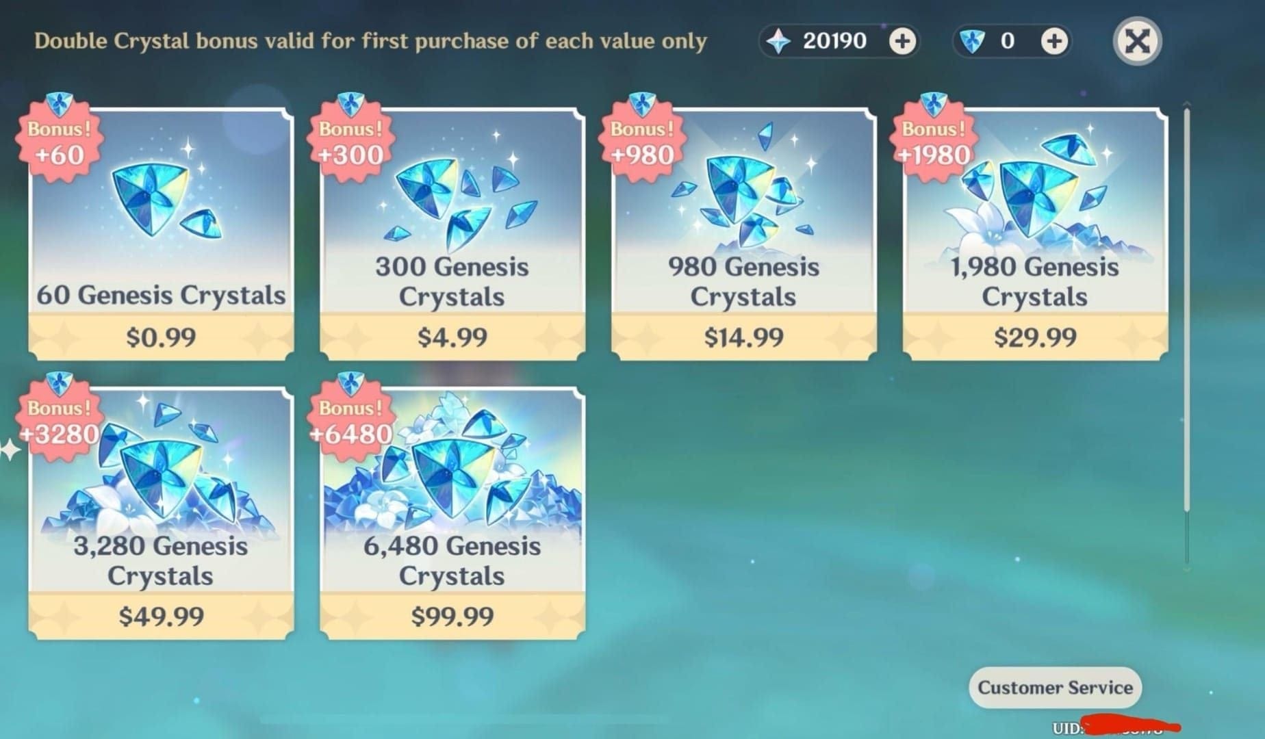 Screenshot of Genshin Impact shop menu with Genesis Crystals purchase options
