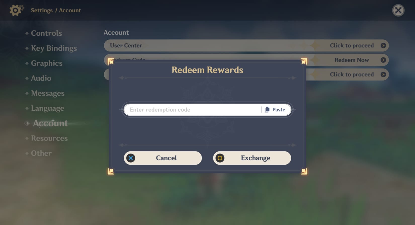 Genshin Impact Paimon menu settings redeem code interface