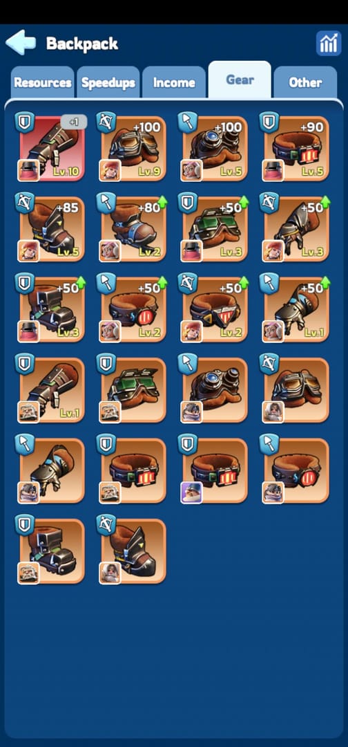 قطع معدات الأبطال الأسطورية في Whiteout Survival تظهر غطاء الرأس، القفازات، الأحزمة، والأحذية مع إحصائيات الهجوم والدفاع والصحة