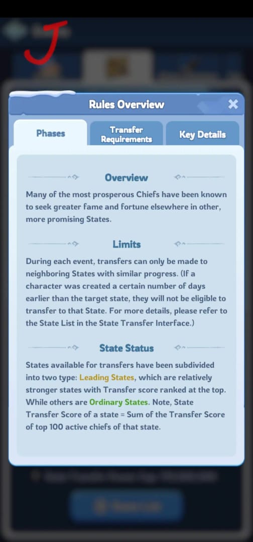 Интерфейс события переноса штата в Whiteout Survival с менеджером по переносу и выбором штата