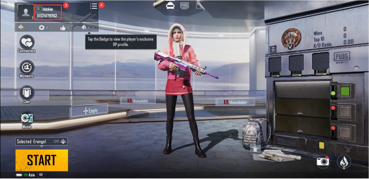 UCチャージに必要なプレイヤーIDの場所を示すPUBG Mobileのアバターメニュー