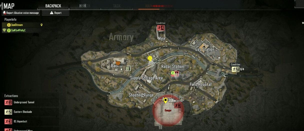 Arena Breakout Armory map showing Perimeter Route, Underground Bunker, and Main Warehouse locations