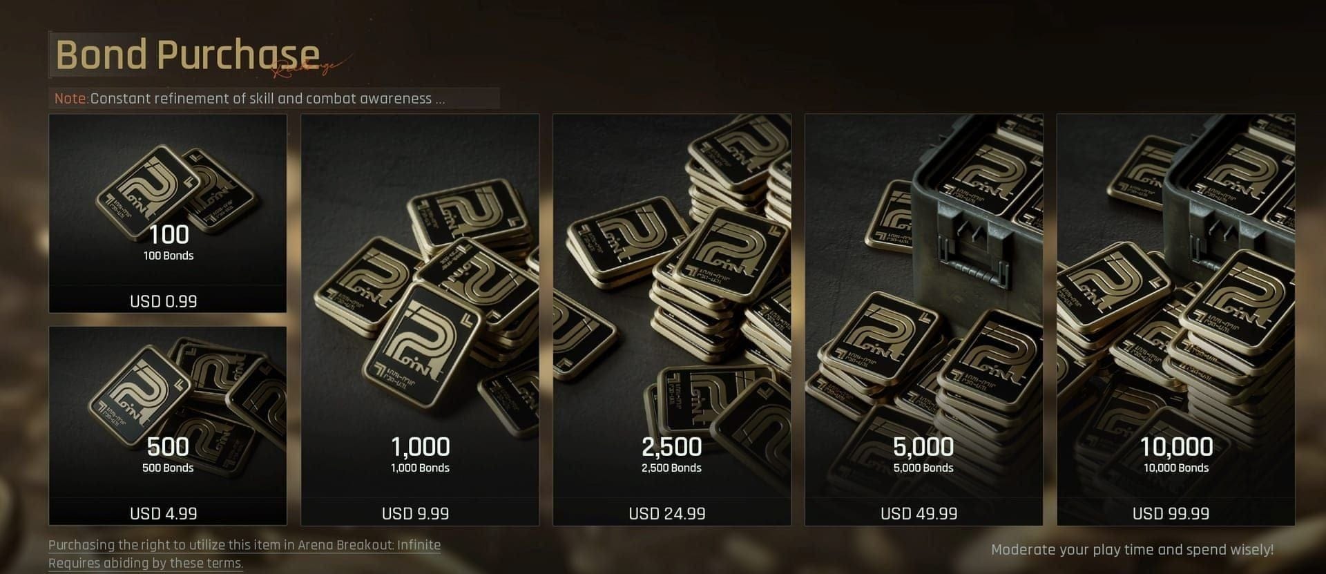 Arena Breakout in-game Bonds menu displaying conversion values for Battle Pass, Elite Subscription, and Composite Case