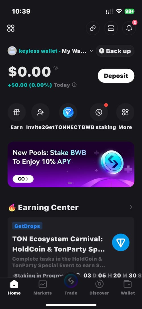 Interfaz de la billetera de la aplicación IMO mostrando los Diamantes Negros y la activación Premium