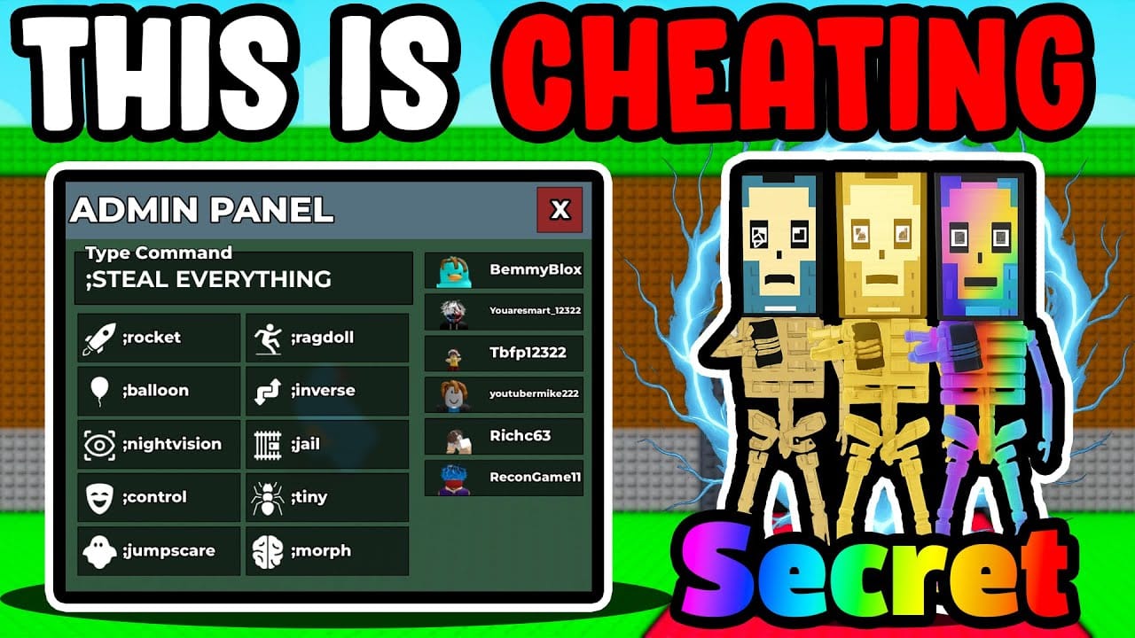 Antarmuka Admin Commands Steal a Brainrot dengan opsi ;rocket dan ;jail