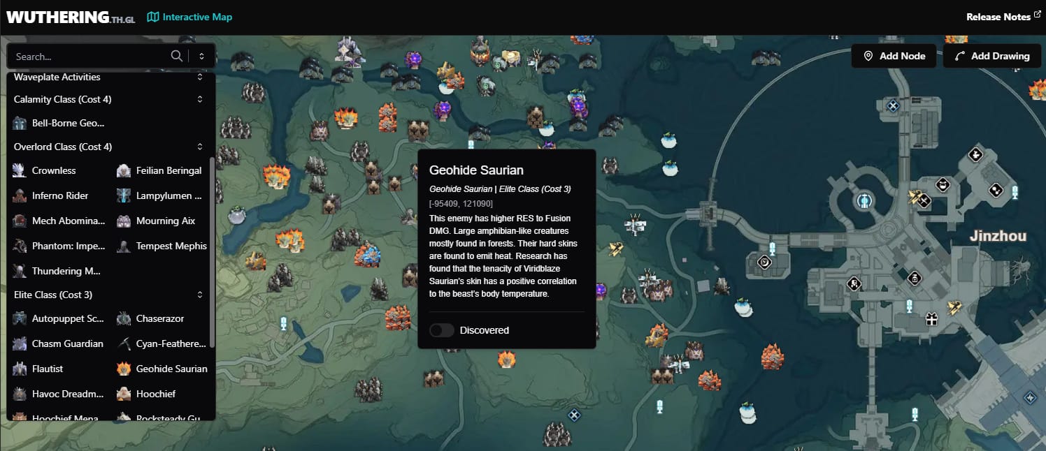 Carte du monde de Wuthering Waves marquant les points de farm d'Échos pour Tempest Mephis, Impermanence Heron et Mourning Aix