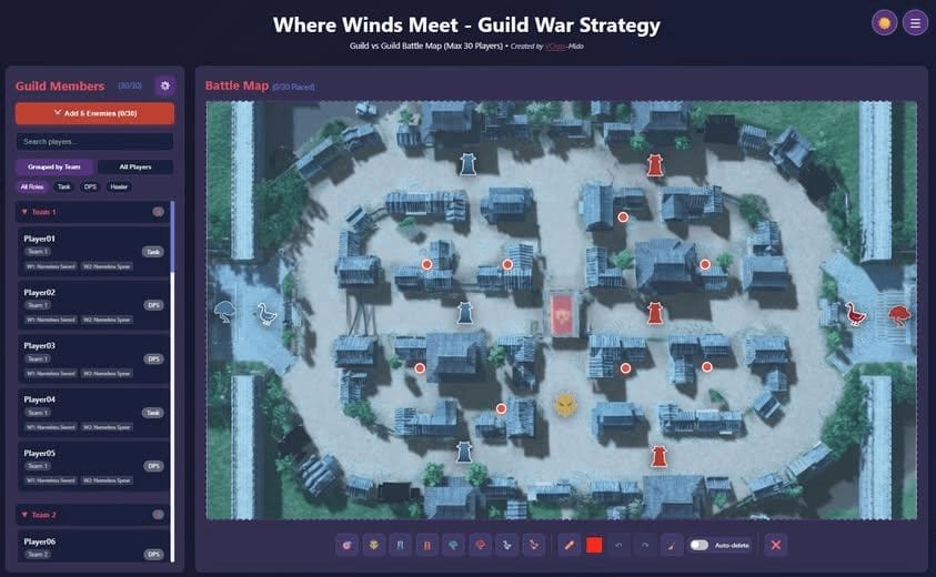 वेयर विंड्स मीट गिल्ड टेरिटरी मैप जो अपग्रेड के लिए मुख्य बिल्डिंग्स को दर्शाता है