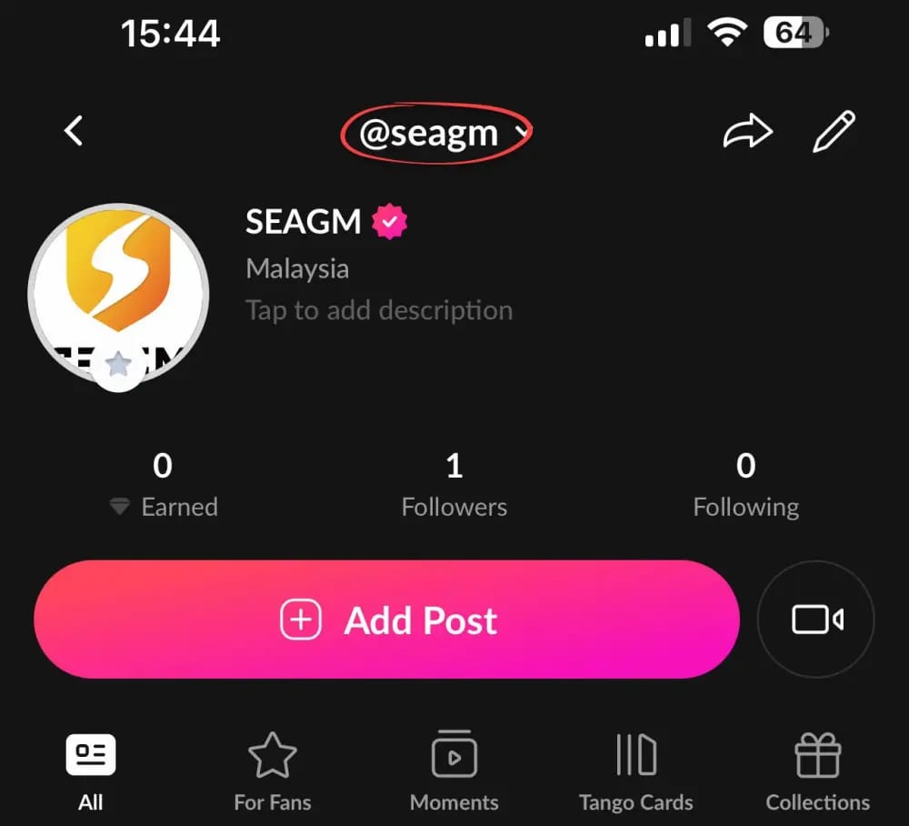 Skrin profil aplikasi Tango Live yang menunjukkan UID angka untuk tambah nilai