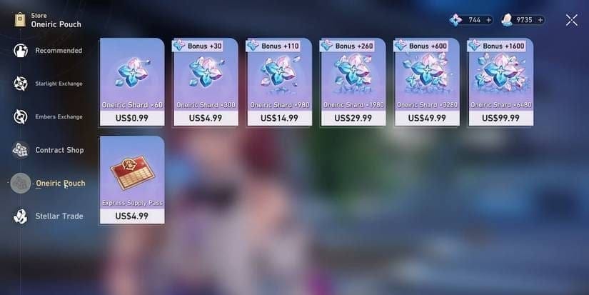 Interface de recharge de Honkai Star Rail affichant les packs d'éclats oniriques et les doubles bonus de première recharge