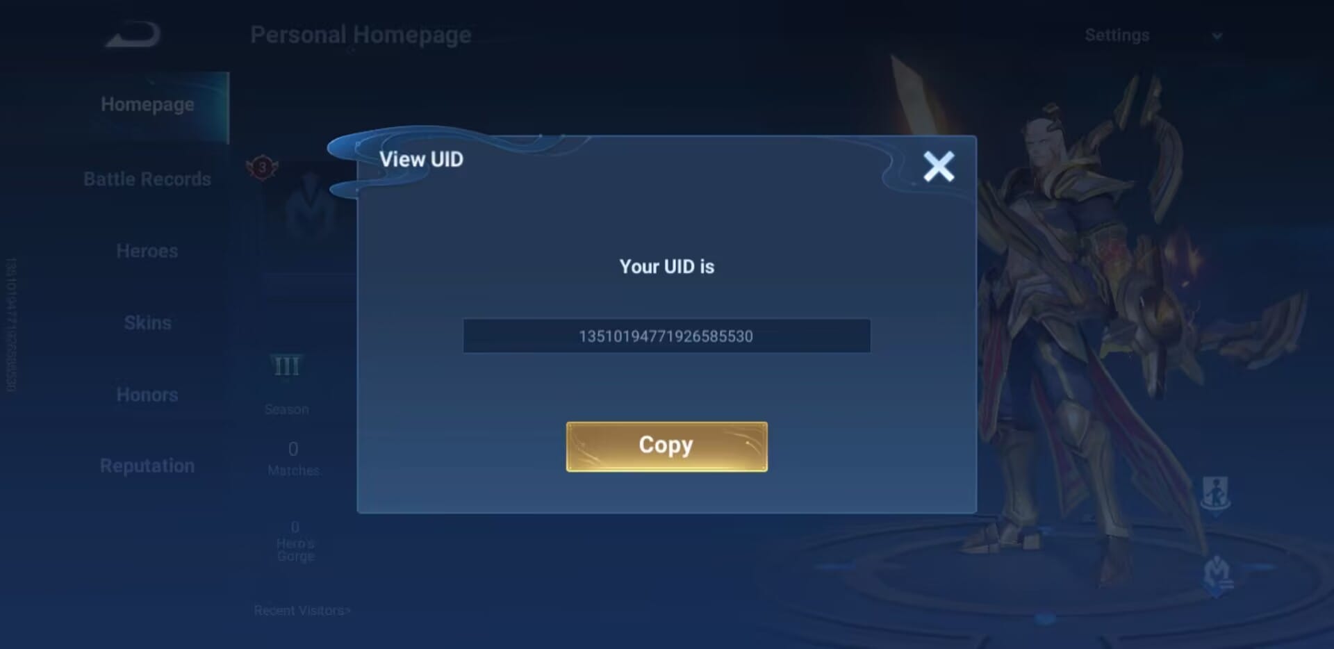 Настройки аккаунта Honor of Kings с отображением UID игрока