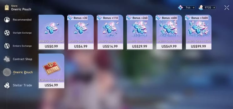 Antarmuka pusat top-up Honkai Star Rail yang menampilkan paket Oneiric Shard dengan tingkatan reset bonus ganda