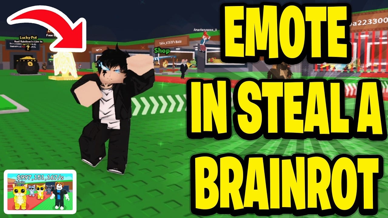 Antarmuka roda emote Steal a Brainrot dengan Emote Mewing Terbaik terpasang