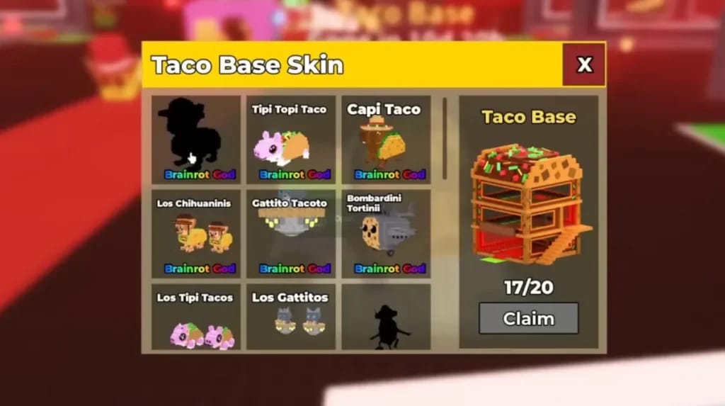 Antarmuka tab kosmetik Steal a Brainrot yang menampilkan Emote Mewing Terbaik untuk dibeli