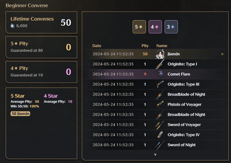 Antara muka kaunter pity banner watak dan senjata Wuthering Waves yang menunjukkan pity keras 80-tarikan dan jaminan 160-tarikan