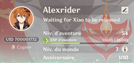 顯示 9 位數 UID 的《原神》玩家個人資料介面