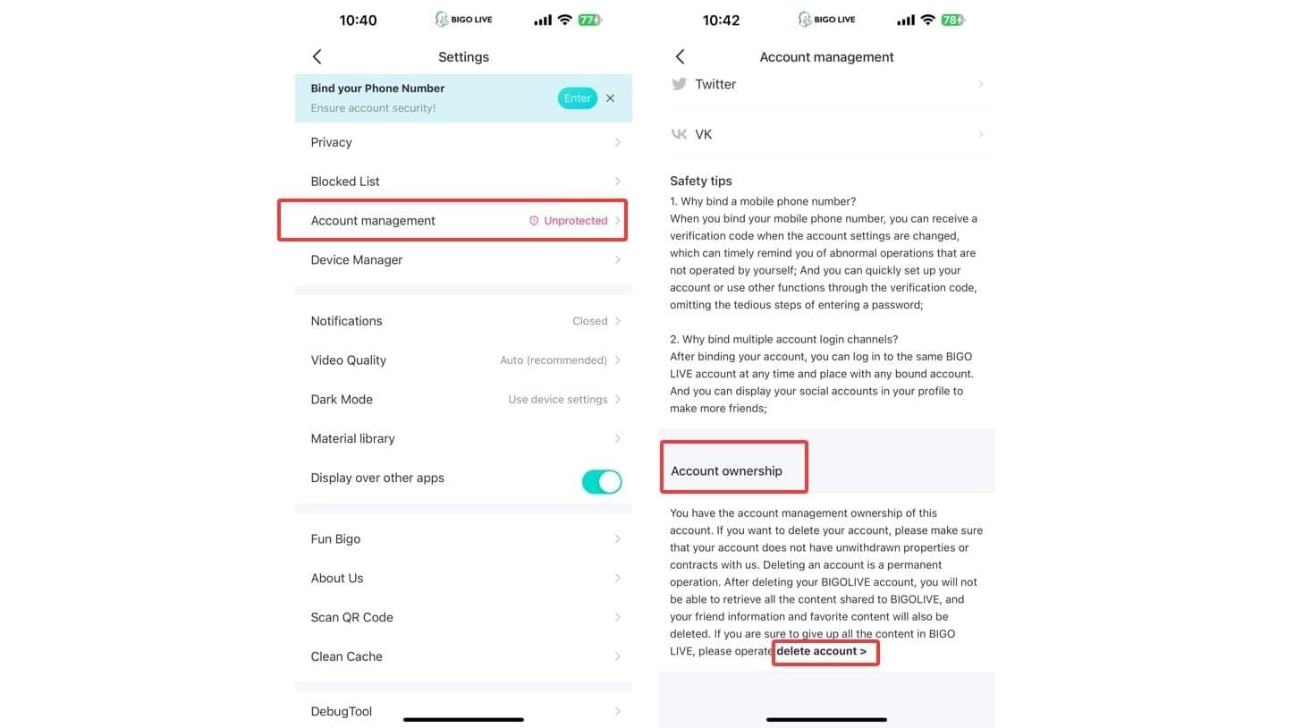 Interfaz de ID de perfil y seguridad de cuenta en la aplicación Bigo Live