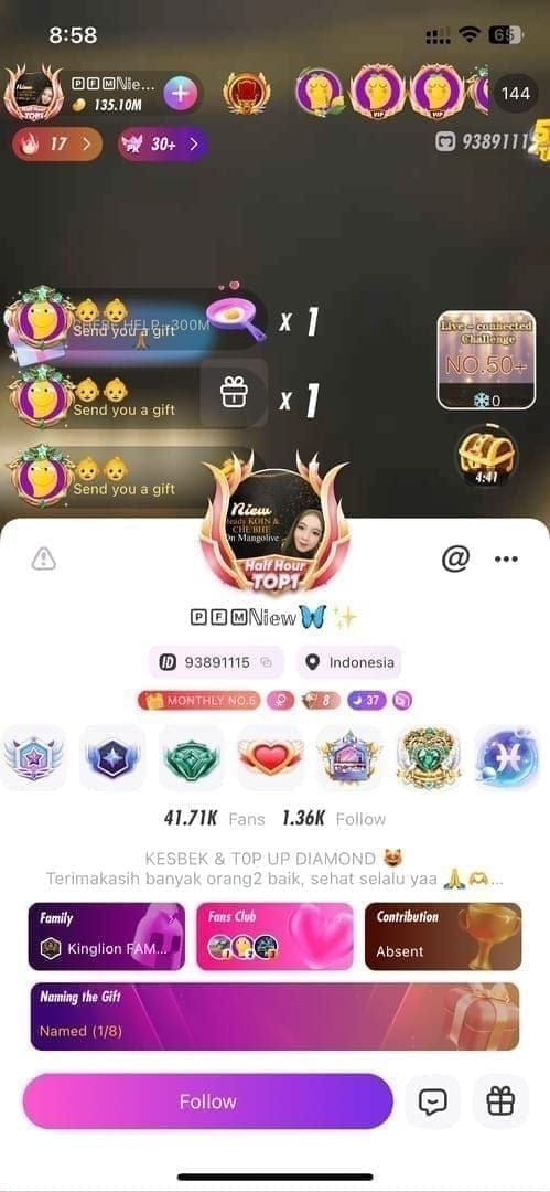 다이아몬드 충전을 위한 프로필 아이콘 및 UID가 표시된 망고 라이브 앱 스크린샷
