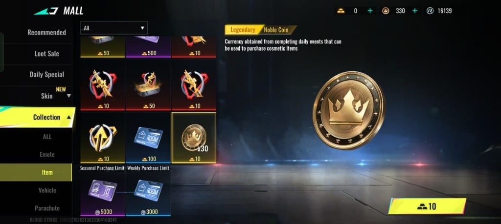 Interfaz de detalles de moneda de la cuenta en los ajustes de Blood Strike que muestra el Oro Permanente y Temporal