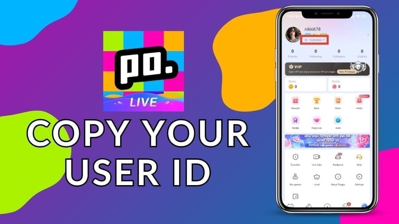 Tangkapan layar layar profil aplikasi Poppo Live yang menampilkan User ID 7-10 digit untuk top-up