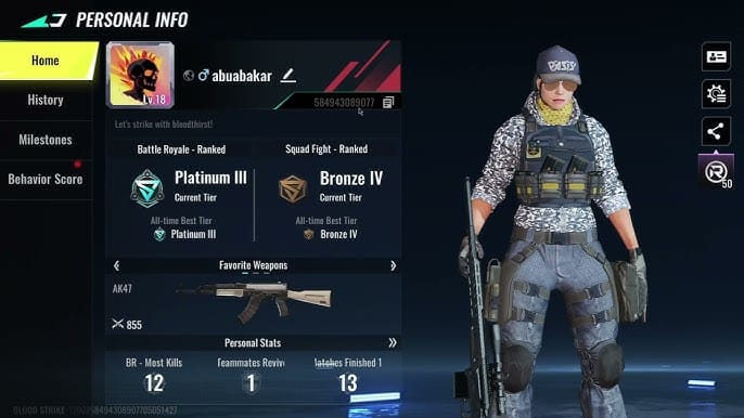 Interface de Blood Strike montrant comment trouver l'identifiant utilisateur numérique dans le menu avatar