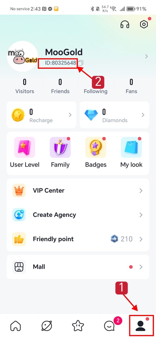 شاشة الملف الشخصي لتطبيق YoHo Group Voice Chat تعرض معرف المستخدم (UID) للشحن