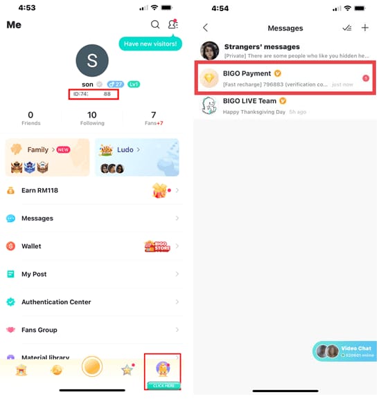 Bigo Live应用个人资料界面，显示BIGO ID和用于钻石充值的钱包