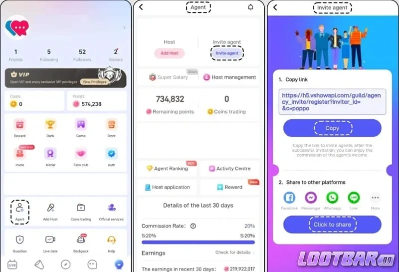 واجهة تطبيق Poppo Live للانضمام إلى وكالة عبر إعدادات الملف الشخصي مع حقل إدخال المعرف