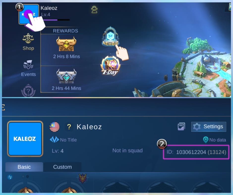 Mobile Legends Bang Bang profile interface displaying User ID and Zone ID