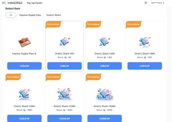 Interface des packs de bonus de recharge de cristaux oniriques dans Honkai Star Rail