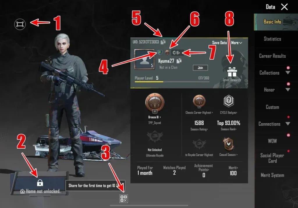Interface du profil joueur PUBG Mobile avec l'ID de joueur visible