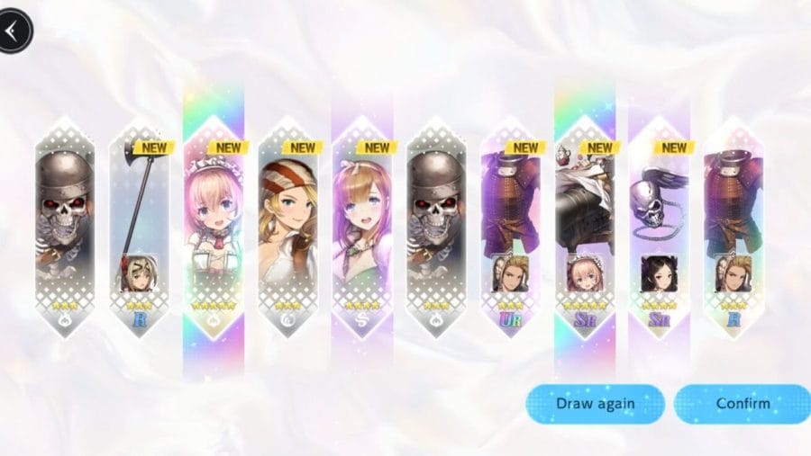 Antarmuka gacha Brown Dust2 yang menampilkan biaya 100 Dia per tarikan