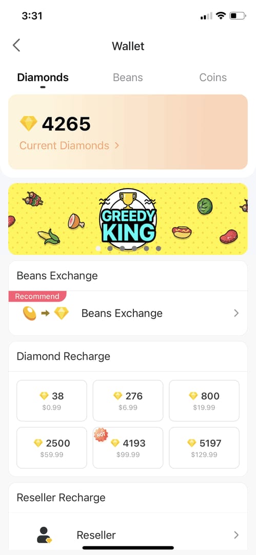 BIGO LIVE プロフィールおよびチャージ履歴画面のスクリーンショット