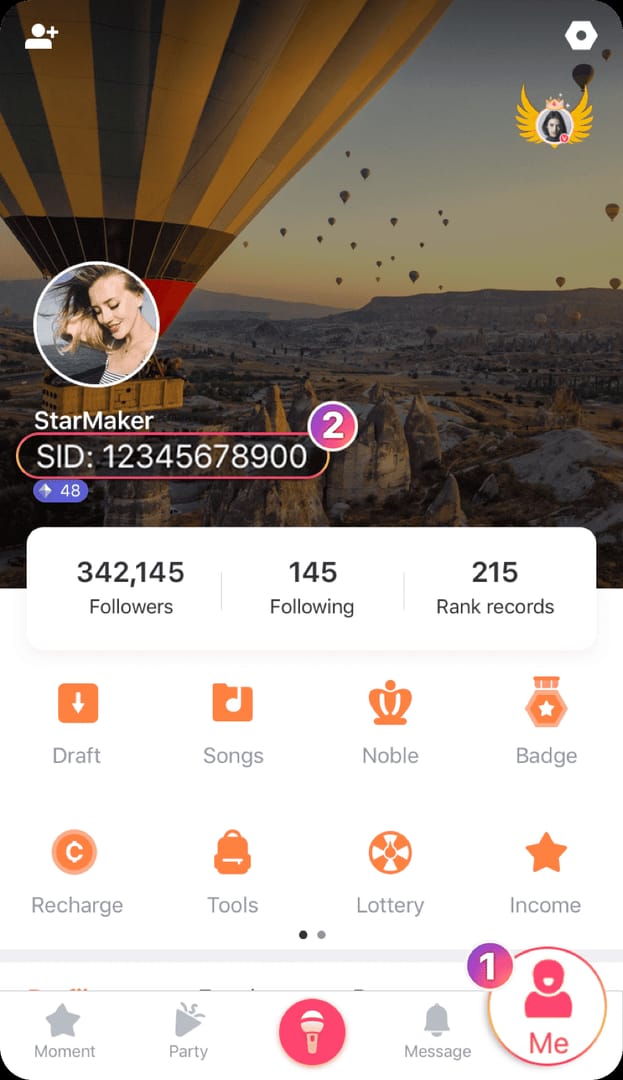 Вкладка Me в StarMaker: Sing Karaoke с SID в настройках профиля
