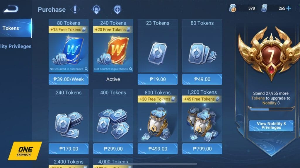 Honor of Kings in-game token purchase interface