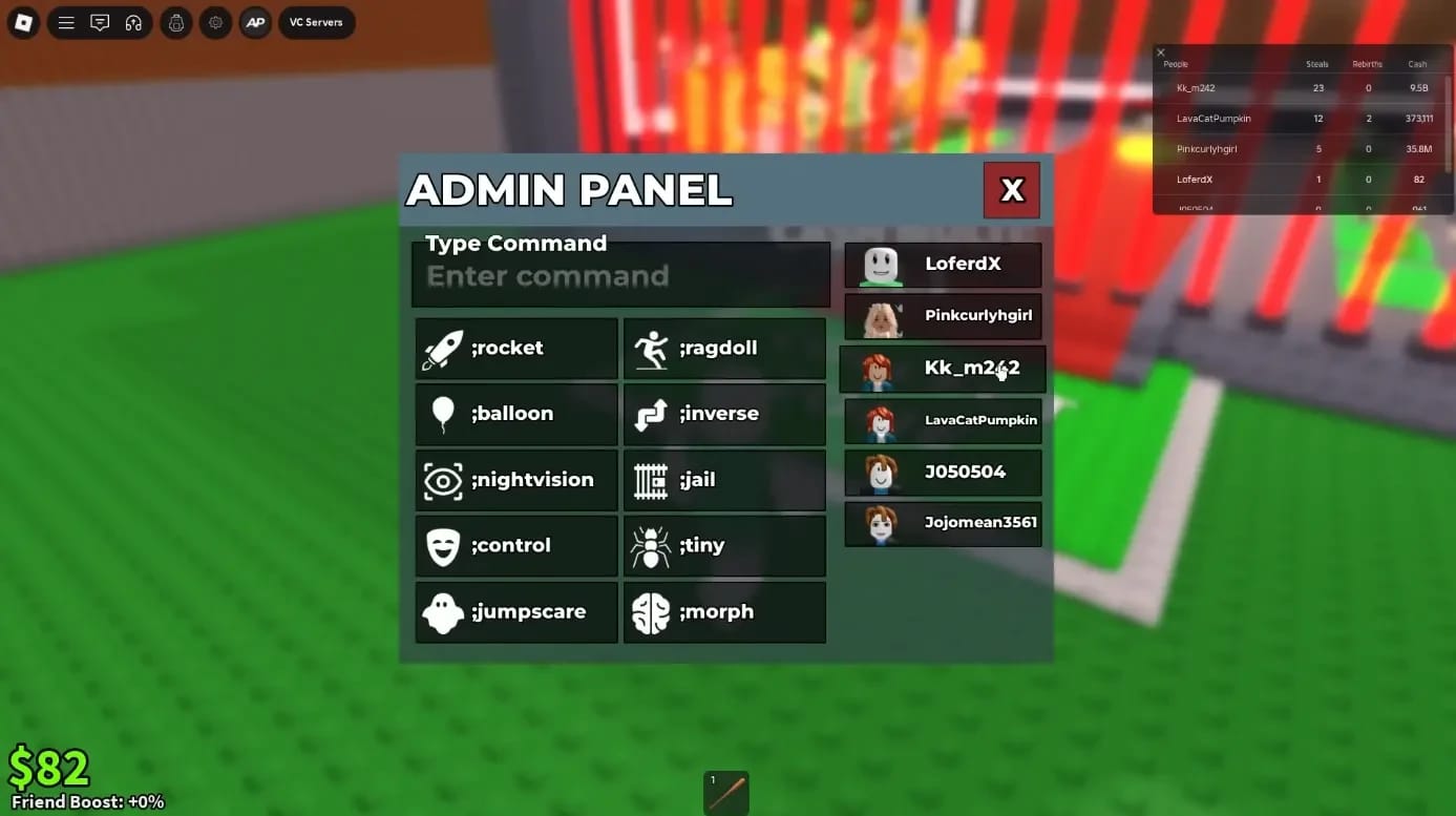 Consola de comandos de administrador de Steal a Brainrot con comandos activos mostrados