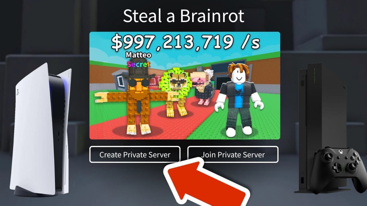 Interfaz de creación de servidor privado de Steal a Brainrot mostrando las opciones del menú Socials