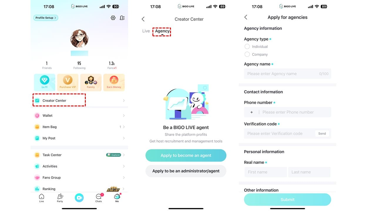 Bigo Live agency dashboard interface for host allocation