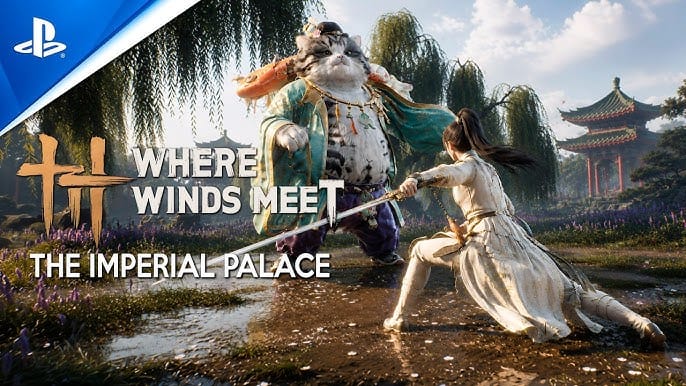 『Where Winds Meet』の皇居内庭でステルス行動をとるプレイヤー