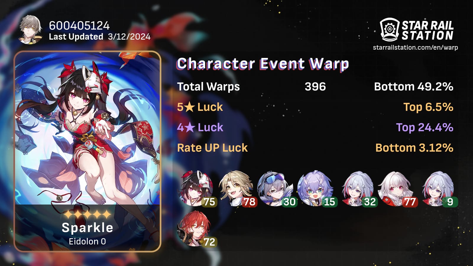 Honkai Star Rail Warp History interface displaying recent pull records and pity counter