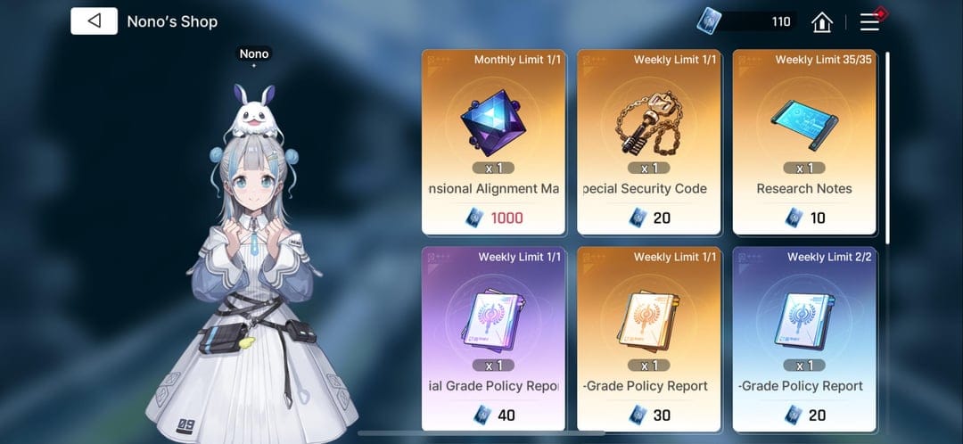 In-game Exchange Shop interface displaying anchor crystal costs in Chaos Zero Nightmare
