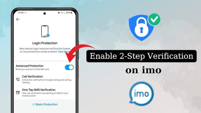 IMO app security settings showing the toggle to enable two-factor authentication for account protection.