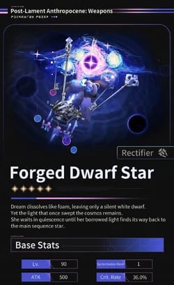 Forged Dwarf Star 5-star Rectifier stats screen showing 500 Base ATK and 36% Crit Rate in Wuthering Waves