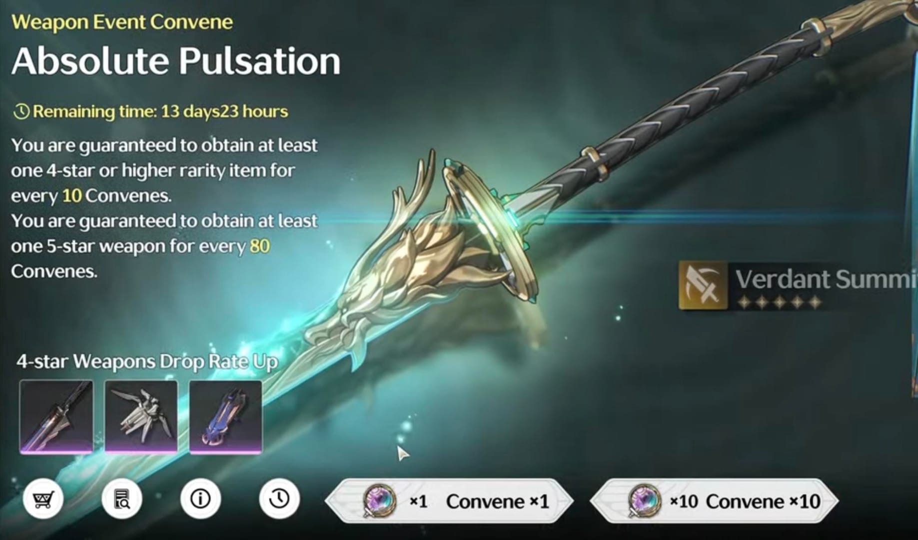Wuthering Waves weapon convene banner interface showing pity counter and featured 5-star rectifier
